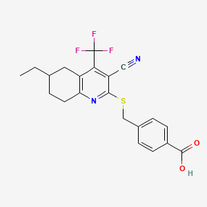molecular formula C21H19F3N2O2S B2519550 4-({[3-Cyano-6-ethyl-4-(trifluoromethyl)-5,6,7,8-tetrahydroquinolin-2-yl]sulfanyl}methyl)benzoic acid CAS No. 664994-28-9
