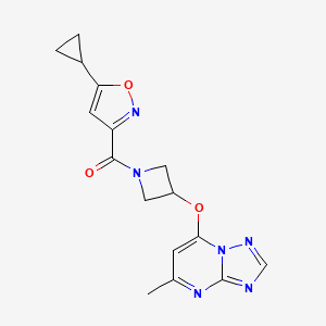 molecular formula C16H16N6O3 B2519568 5-Cyclopropyl-3-[3-({5-methyl-[1,2,4]triazolo[1,5-a]pyrimidin-7-yl}oxy)azetidine-1-carbonyl]-1,2-oxazole CAS No. 2097903-40-5