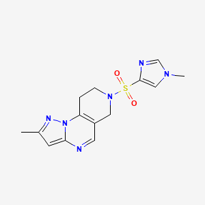 molecular formula C14H16N6O2S B2519686 2-methyl-7-((1-methyl-1H-imidazol-4-yl)sulfonyl)-6,7,8,9-tetrahydropyrazolo[1,5-a]pyrido[3,4-e]pyrimidine CAS No. 1797288-21-1