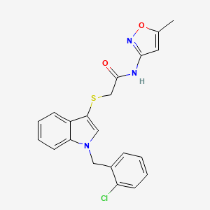 molecular formula C21H18ClN3O2S B2519882 2-[1-[(2-chlorophenyl)methyl]indol-3-yl]sulfanyl-N-(5-methyl-1,2-oxazol-3-yl)acetamide CAS No. 450351-42-5