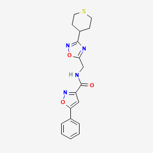 molecular formula C18H18N4O3S B2519902 5-phenyl-N-((3-(tetrahydro-2H-thiopyran-4-yl)-1,2,4-oxadiazol-5-yl)methyl)isoxazole-3-carboxamide CAS No. 2034421-38-8