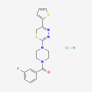 molecular formula C18H18ClFN4OS2 B2520012 (3-fluorophenyl)(4-(5-(thiophen-2-yl)-6H-1,3,4-thiadiazin-2-yl)piperazin-1-yl)methanone hydrochloride CAS No. 1351608-20-2