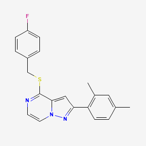 molecular formula C21H18FN3S B2520016 2-(2,4-Dimethylphenyl)-4-[(4-fluorobenzyl)thio]pyrazolo[1,5-a]pyrazine CAS No. 1207035-19-5