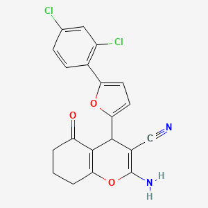 molecular formula C20H14Cl2N2O3 B2520024 2-氨基-4-[5-(2,4-二氯苯基)呋喃-2-基]-5-氧代-5,6,7,8-四氢-4H-色满烯-3-腈 CAS No. 332883-80-4