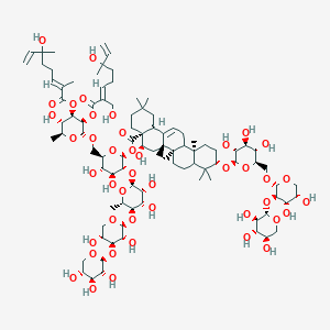 molecular formula C94H148O43 B2520050 [(2S,3R,4S,5S,6R)-3-[(2S,3R,4S,5R,6S)-5-[(2S,3R,4S,5R)-3,5-dihydroxy-4-[(2S,3R,4S,5R)-3,4,5-trihydroxyoxan-2-yl]oxyoxan-2-yl]oxy-3,4-dihydroxy-6-methyloxan-2-yl]oxy-4,5-dihydroxy-6-[[(2R,3R,4R,5S,6S)-5-hydroxy-4-[(2E)-6-hydroxy-2,6-dimethylocta-2,7-dienoyl]oxy-3-[(2E)-6-hydroxy-2-(hydroxymethyl)-6-methylocta-2,7-dienoyl]oxy-6-methyloxan-2-yl]oxymethyl]oxan-2-yl] (4aR,5R,6aS,6bR,10S,12aR,14bS)-10-[(2R,3R,4S,5S,6R)-6-[[(2S,3R,4S,5S)-4,5-dihydroxy-3-[(2S,3R,4S,5R)-3,4,5-trihydroxyoxan-2-yl]oxyoxan-2-yl]oxymethyl]-3,4,5-trihydroxyoxan-2-yl]oxy-5-hydroxy-2,2,6a,6b,9,9,12a-heptamethyl-1,3,4,5,6,6a,7,8,8a,10,11,12,13,14b-tetradecahydropicene-4a-carboxylate CAS No. 225529-54-4