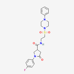 molecular formula C23H27FN4O4S B2520091 1-(4-fluorophenyl)-5-oxo-N-{2-[(4-phenylpiperazino)sulfonyl]ethyl}-3-pyrrolidinecarboxamide CAS No. 933027-98-6