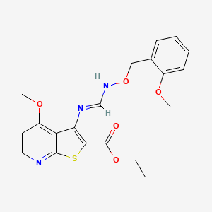 molecular formula C20H21N3O5S B2520100 Ethyl 4-methoxy-3-[({[(2-methoxybenzyl)oxy]imino}methyl)amino]thieno[2,3-b]pyridine-2-carboxylate CAS No. 341966-73-2