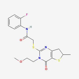 molecular formula C18H20FN3O3S2 B2520118 N-(2-fluorophenyl)-2-((3-(2-methoxyethyl)-6-methyl-4-oxo-3,4,6,7-tetrahydrothieno[3,2-d]pyrimidin-2-yl)thio)acetamide CAS No. 851410-03-2