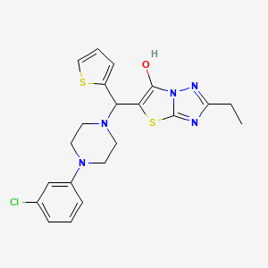 molecular formula C21H22ClN5OS2 B2520146 5-((4-(3-Chlorophenyl)piperazin-1-yl)(thiophen-2-yl)methyl)-2-ethylthiazolo[3,2-b][1,2,4]triazol-6-ol CAS No. 886914-46-1