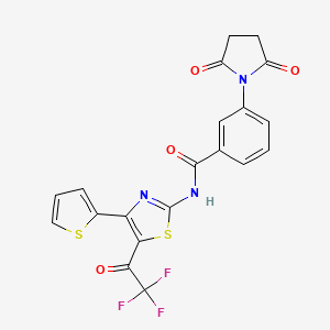 molecular formula C20H12F3N3O4S2 B2520189 3-(2,5-dioxopyrrolidin-1-yl)-N-(4-(thiophen-2-yl)-5-(2,2,2-trifluoroacetyl)thiazol-2-yl)benzamide CAS No. 393837-57-5