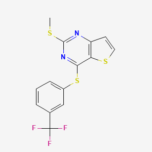 molecular formula C14H9F3N2S3 B2520200 2-(Methylsulfanyl)-4-{[3-(trifluoromethyl)phenyl]sulfanyl}thieno[3,2-d]pyrimidine CAS No. 672951-74-5