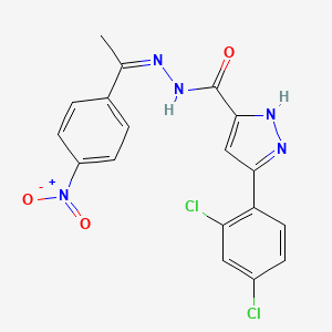 molecular formula C18H13Cl2N5O3 B2520258 (Z)-3-(2,4-dichlorophenyl)-N'-(1-(4-nitrophenyl)ethylidene)-1H-pyrazole-5-carbohydrazide CAS No. 1284276-97-6
