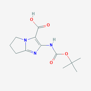 molecular formula C12H17N3O4 B2520276 2-[(2-Methylpropan-2-yl)oxycarbonylamino]-6,7-dihydro-5H-pyrrolo[1,2-a]imidazole-3-carboxylic acid CAS No. 2248376-00-1