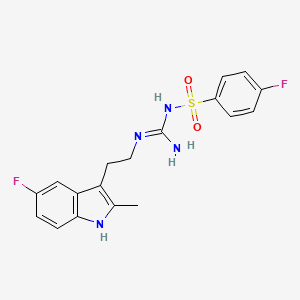 molecular formula C18H18F2N4O2S B2520343 4-fluoro-N-(N-(2-(5-fluoro-2-methyl-1H-indol-3-yl)ethyl)carbamimidoyl)benzenesulfonamide CAS No. 869075-07-0