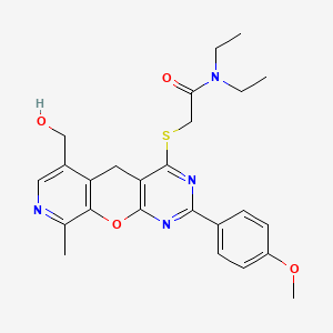 molecular formula C25H28N4O4S B2520402 N,N-diethyl-2-((6-(hydroxymethyl)-2-(4-methoxyphenyl)-9-methyl-5H-pyrido[4',3':5,6]pyrano[2,3-d]pyrimidin-4-yl)thio)acetamide CAS No. 892382-39-7
