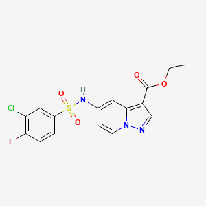 molecular formula C16H13ClFN3O4S B2520469 Ethyl 5-(3-chloro-4-fluorophenylsulfonamido)pyrazolo[1,5-a]pyridine-3-carboxylate CAS No. 1396563-64-6