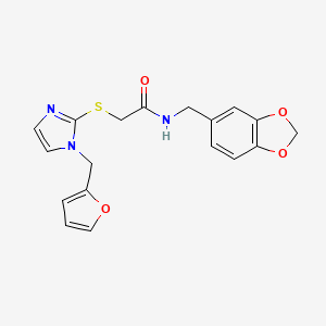 molecular formula C18H17N3O4S B2520481 N-(1,3-苯并二氧杂环-5-基甲基)-2-[1-(呋喃-2-基甲基)咪唑-2-基]硫代乙酰胺 CAS No. 872594-15-5