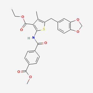 molecular formula C25H23NO7S B2520573 Ethyl 5-(benzo[d][1,3]dioxol-5-ylmethyl)-2-(4-(methoxycarbonyl)benzamido)-4-methylthiophene-3-carboxylate CAS No. 476365-80-7