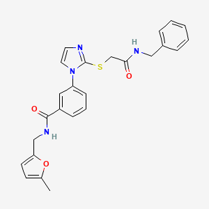 molecular formula C25H24N4O3S B2520670 3-(2-((2-(benzylamino)-2-oxoethyl)thio)-1H-imidazol-1-yl)-N-((5-methylfuran-2-yl)methyl)benzamide CAS No. 1115564-84-5
