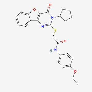 molecular formula C25H25N3O4S B2520692 2-[(3-环戊基-4-氧代-3,4-二氢[1]苯并呋喃[3,2-d]嘧啶-2-基)硫代]-N-(4-乙氧基苯基)乙酰胺 CAS No. 899962-41-5