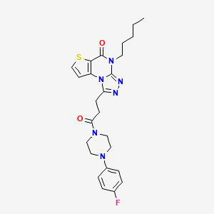 molecular formula C25H29FN6O2S B2520899 1-(3-(4-(4-fluorophenyl)piperazin-1-yl)-3-oxopropyl)-4-pentylthieno[2,3-e][1,2,4]triazolo[4,3-a]pyrimidin-5(4H)-one CAS No. 1216389-51-3