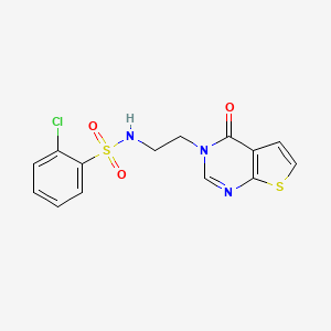 molecular formula C14H12ClN3O3S2 B2520952 2-chloro-N-(2-(4-oxothieno[2,3-d]pyrimidin-3(4H)-yl)ethyl)benzenesulfonamide CAS No. 1903293-03-7
