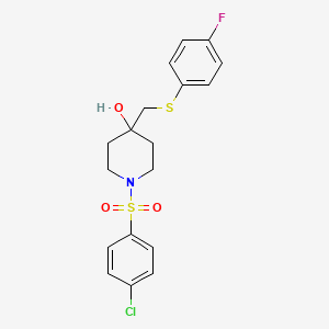 molecular formula C18H19ClFNO3S2 B2520971 1-(4-氯苯基)磺酰基-4-[(4-氟苯基)硫烷基甲基]哌啶-4-醇 CAS No. 478041-71-3