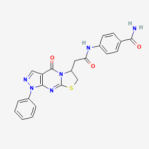 molecular formula C22H18N6O3S B2520982 4-(2-(4-Oxo-1-phenyl-1,4,6,7-tetrahydropyrazolo[3,4-d]thiazolo[3,2-a]pyrimidin-6-yl)acetamido)benzamide CAS No. 952805-07-1