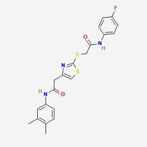 molecular formula C21H20FN3O2S2 B2521036 N-(3,4-dimethylphenyl)-2-(2-((2-((4-fluorophenyl)amino)-2-oxoethyl)thio)thiazol-4-yl)acetamide CAS No. 942001-23-2