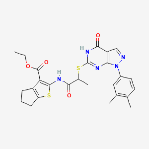 ethyl 2-(2-((1-(3,4-dimethylphenyl)-4-oxo-4,5-dihydro-1H-pyrazolo[3,4-d]pyrimidin-6-yl)thio)propanamido)-5,6-dihydro-4H-cyclopenta[b]thiophene-3-carboxylate