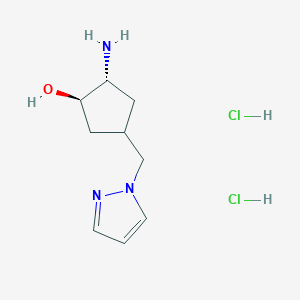 molecular formula C9H17Cl2N3O B2521153 (1R,2R)-2-Amino-4-(pyrazol-1-ylmethyl)cyclopentan-1-ol;dihydrochloride CAS No. 2375254-75-2