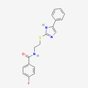 molecular formula C18H16FN3OS B2521195 4-fluoro-N-(2-((5-phenyl-1H-imidazol-2-yl)thio)ethyl)benzamide CAS No. 886898-32-4