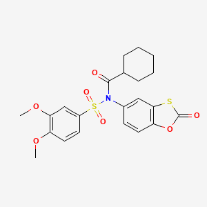 molecular formula C22H23NO7S2 B2521218 N-(3,4-dimethoxyphenyl)sulfonyl-N-(2-oxo-1,3-benzoxathiol-5-yl)cyclohexanecarboxamide CAS No. 879649-14-6