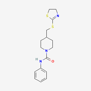 molecular formula C16H21N3OS2 B2521242 4-(((4,5-dihydrothiazol-2-yl)thio)methyl)-N-phenylpiperidine-1-carboxamide CAS No. 1396845-06-9