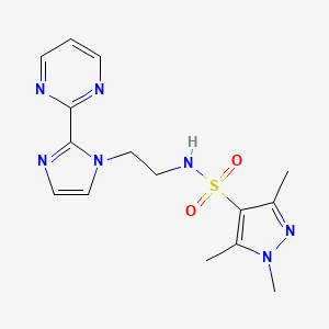 molecular formula C15H19N7O2S B2521376 1,3,5-trimethyl-N-(2-(2-(pyrimidin-2-yl)-1H-imidazol-1-yl)ethyl)-1H-pyrazole-4-sulfonamide CAS No. 1797225-42-3