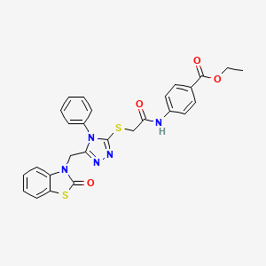 molecular formula C27H23N5O4S2 B2521555 ethyl 4-(2-((5-((2-oxobenzo[d]thiazol-3(2H)-yl)methyl)-4-phenyl-4H-1,2,4-triazol-3-yl)thio)acetamido)benzoate CAS No. 896677-76-2