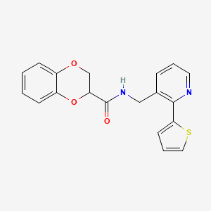 molecular formula C19H16N2O3S B2521592 N-((2-(thiophen-2-yl)pyridin-3-yl)methyl)-2,3-dihydrobenzo[b][1,4]dioxine-2-carboxamide CAS No. 2034450-29-6