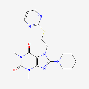 molecular formula C18H23N7O2S B2521661 1,3-dimethyl-8-(piperidin-1-yl)-7-(2-(pyrimidin-2-ylthio)ethyl)-1H-purine-2,6(3H,7H)-dione CAS No. 676157-19-0