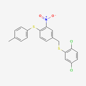 molecular formula C20H15Cl2NO2S2 B2521783 4-{[(2,5-二氯苯基)硫代]甲基}-1-[(4-甲基苯基)硫代]-2-硝基苯 CAS No. 477869-71-9