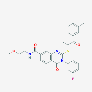 molecular formula C29H28FN3O4S B2521811 2-{[1-(3,4-dimethylphenyl)-1-oxopropan-2-yl]sulfanyl}-3-(3-fluorophenyl)-N-(2-methoxyethyl)-4-oxo-3,4-dihydroquinazoline-7-carboxamide CAS No. 1113133-53-1