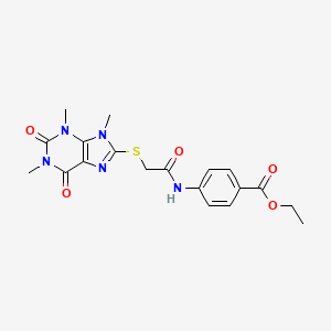 molecular formula C19H21N5O5S B2521893 ethyl 4-({[(1,3,9-trimethyl-2,6-dioxo-2,3,6,9-tetrahydro-1H-purin-8-yl)thio]acetyl}amino)benzoate CAS No. 897453-44-0