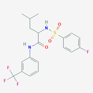 molecular formula C19H20F4N2O3S B2521934 2-{[(4-氟苯基)磺酰基]氨基}-4-甲基-N-[3-(三氟甲基)苯基]戊酰胺 CAS No. 317377-98-3