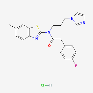molecular formula C22H22ClFN4OS B2522048 N-(3-(1H-imidazol-1-yl)propyl)-2-(4-fluorophenyl)-N-(6-methylbenzo[d]thiazol-2-yl)acetamide hydrochloride CAS No. 1215632-96-4