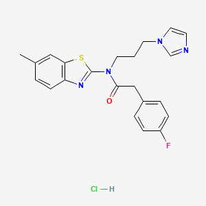 molecular formula C22H22ClFN4OS B2522048 2-(4-氟苯基)-N-[3-(1H-咪唑-1-基)丙基]-N-(6-甲基-1,3-苯并噻唑-2-基)乙酰胺盐酸盐 CAS No. 1215632-96-4