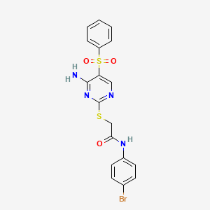 molecular formula C18H15BrN4O3S2 B2522197 2-{[4-amino-5-(benzenesulfonyl)pyrimidin-2-yl]sulfanyl}-N-(4-bromophenyl)acetamide CAS No. 2097910-42-2