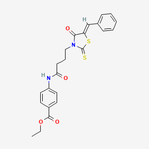 molecular formula C23H22N2O4S2 B2522244 ethyl 4-[4-[(5Z)-5-benzylidene-4-oxo-2-sulfanylidene-1,3-thiazolidin-3-yl]butanoylamino]benzoate CAS No. 307527-10-2