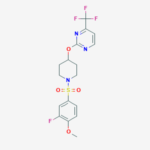molecular formula C17H17F4N3O4S B2522355 2-[1-(3-Fluoro-4-methoxyphenyl)sulfonylpiperidin-4-yl]oxy-4-(trifluoromethyl)pyrimidine CAS No. 2380190-54-3