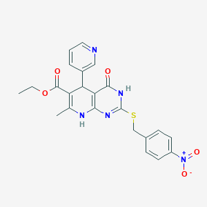 molecular formula C23H21N5O5S B2522362 Ethyl 7-methyl-2-[(4-nitrobenzyl)sulfanyl]-4-oxo-5-(pyridin-3-yl)-3,4,5,8-tetrahydropyrido[2,3-d]pyrimidine-6-carboxylate CAS No. 537663-60-8