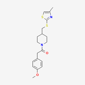 molecular formula C19H24N2O2S2 B2522368 2-(4-Methoxyphenyl)-1-(4-(((4-methylthiazol-2-yl)thio)methyl)piperidin-1-yl)ethanone CAS No. 1421525-87-2