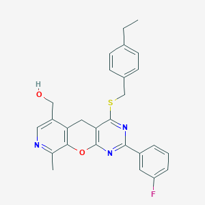 molecular formula C27H24FN3O2S B2522411 (4-((4-ethylbenzyl)thio)-2-(3-fluorophenyl)-9-methyl-5H-pyrido[4',3':5,6]pyrano[2,3-d]pyrimidin-6-yl)methanol CAS No. 892416-06-7